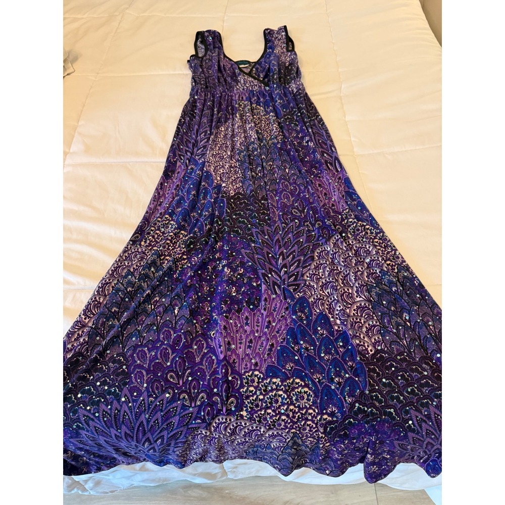 Dream Dance Purple Peacock Paisley Sequin Maxi Dress Sleeveless V-Neck Large USA